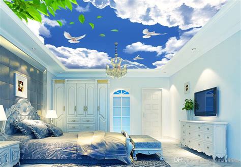 Custom 3d Wallpaper Ceiling Blue Sky White Clouds Green
