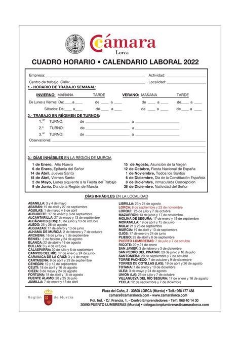 Calendario Laboral 2022 Cámara De Comercio E Industria De Lorca
