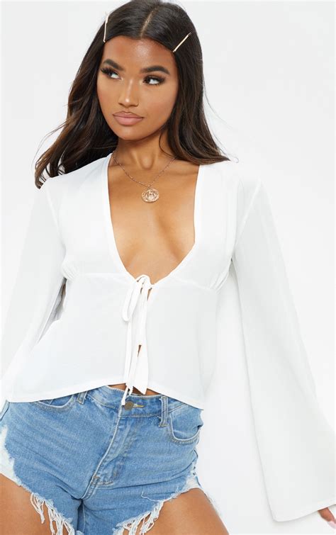 white chiffon plunge tie front blouse tops prettylittlething