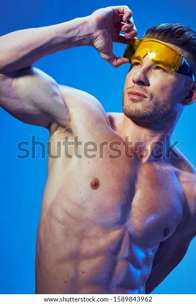 Handsome Man Glasses Naked Torso Blue Stock Photo Shutterstock