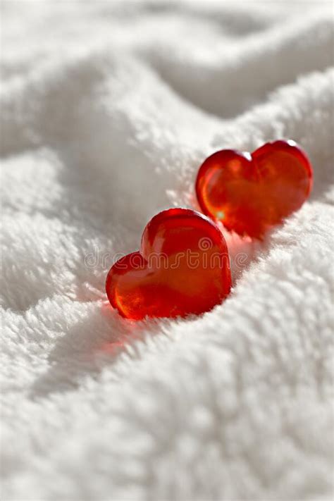 Close Up Couple Of Hearts On White Fur Background Greeting Concept For
