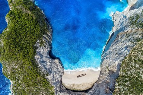 Aerial View Of Navagio Shipwreck Beach In Zakynthos Island Gr By