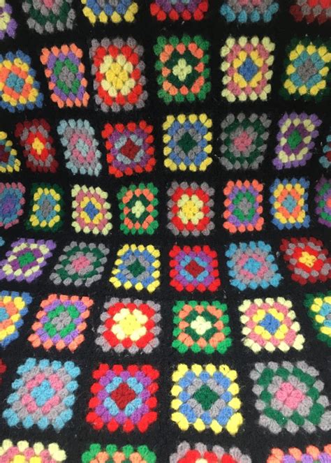58 X 68 Black And Multi Colored Warm Lap Throw Granny Square Crochet