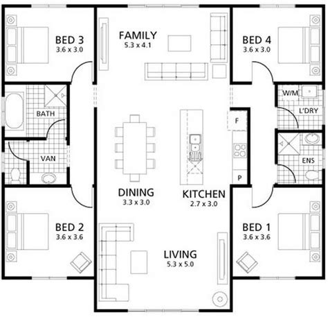 Minimalist Single Story House Plan With Four Bedrooms And Two Bathrooms