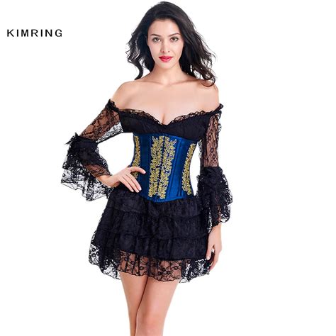 kimring women steampunk corsets dress vintage gothic lace overbust corset dress bustier top