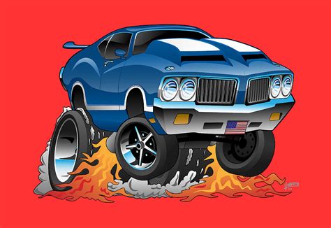 Classic Seventies American Muscle Car Hot Rod Cartoon Illustration