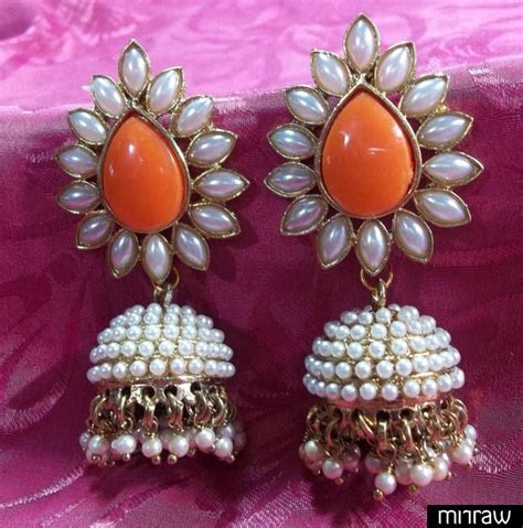 Beautiful Ashiqui 2 Earrings Jhumka Earrings Pearl Color Orange Indian Jewelry Creations