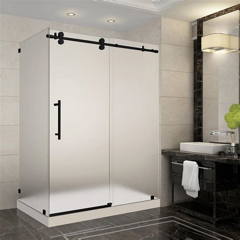 aston langham 60 in x 35 in x 77 5 in frameless corner sliding shower door with frosted glass