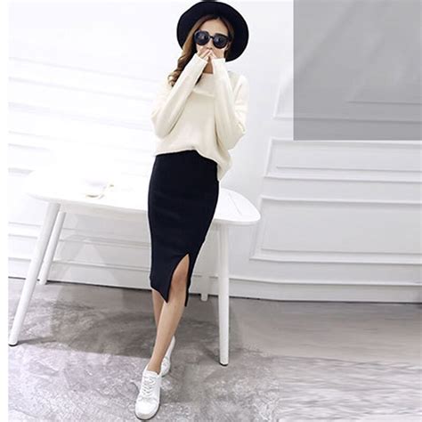 Sexy Chic Pencil Skirts Women Autumn Skirts Mid Calf Solid Color Skirt Package Hip Split Bodycon
