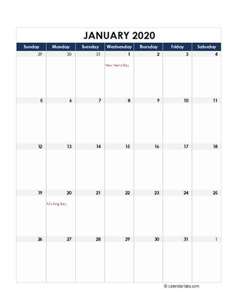 2020 Excel Monthly Calendar Template Free Printable Templates