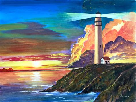 Original Oil Painting Lighthouse At Sunset Sunrise Seascape Etsy