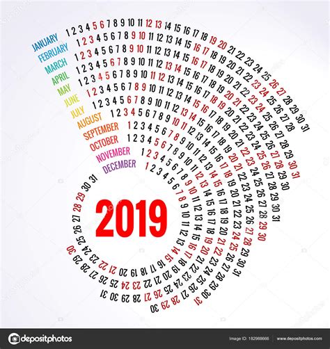 2019 Calendar Print Template Spiral Calendar Set Of 12 Months Round