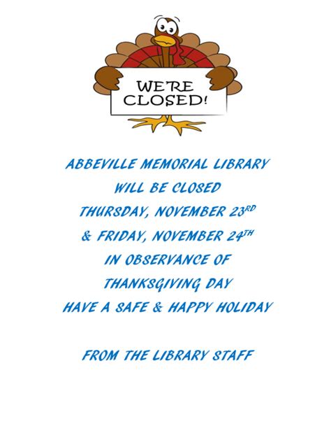 Thanksgiving Holiday Abbeville Memorial Library