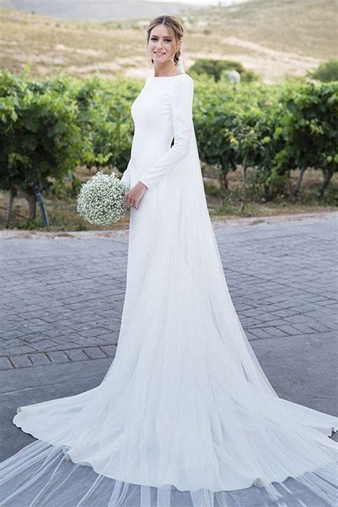 Simple wedding dresses with sleeves are favorites for many women because they are the best choice for all ages, styles and seasons of the year. Long Sleeve Bateau Neck Court Train Sheath Column Wedding ...