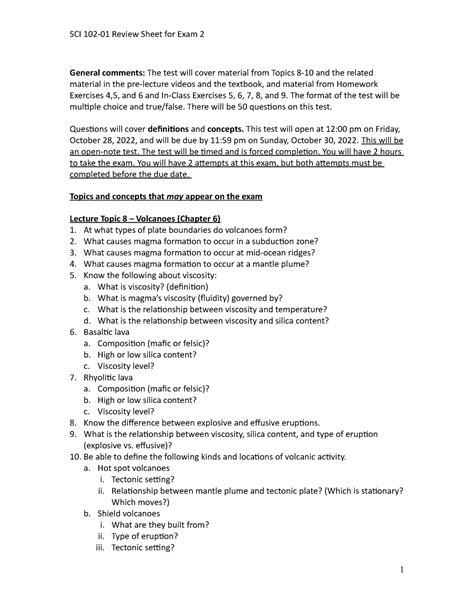 Sci 102 Review Sheet For Exam 2 Fa22 General Comments The Test