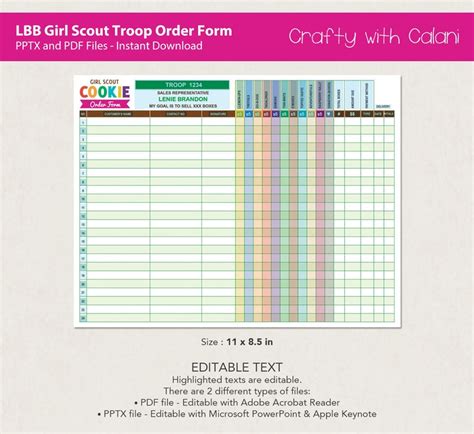 Girl Scout Cookie 2023 Order Form Template Lbb Cookie Troop Etsy