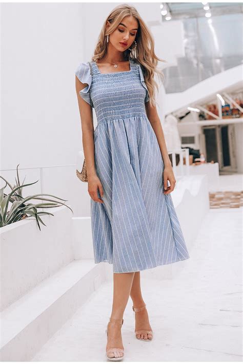 2019 Cotton Summer Women Dress Striped Print Ruffles Sleeve Woman