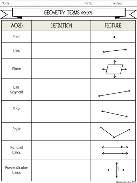 Geometry Terms Notes And Worksheets Lindsay Bowden Basic Geometry Definitions Worksheets