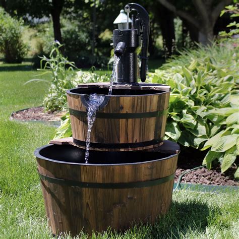 Sunnydaze Wood Barrel Outdoor Water Fountain With Hand Pump 2 Tier