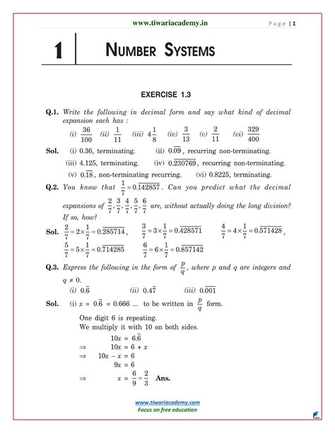 Class 9 Maths Ch 1 Question Answer System 10th Class Ki Ncert Book Week