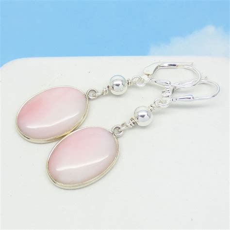 Natural Pink Opal Earrings Leverback Dangle Sterling Silver Oval