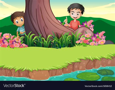 Two Boys Hiding At The Tree Royalty Free Vector Image