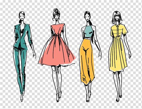 Four Women Dress Modeling Illustration Drawing Model Transparent