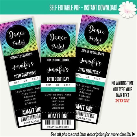Invite your party guests in style using these printable dance party invitation templates. Dance party invitation, Dancing ticket template, Instant ...