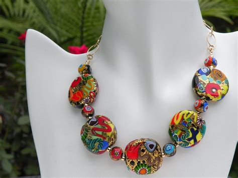 Murano Glass Necklace 28mm Venetian Bead Decorated Discs