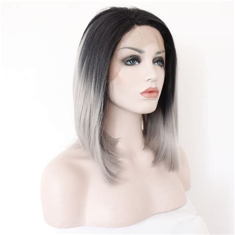 Short Gray Straight Dark Roots Ombre Grey Lace Front Wig Bob Heat