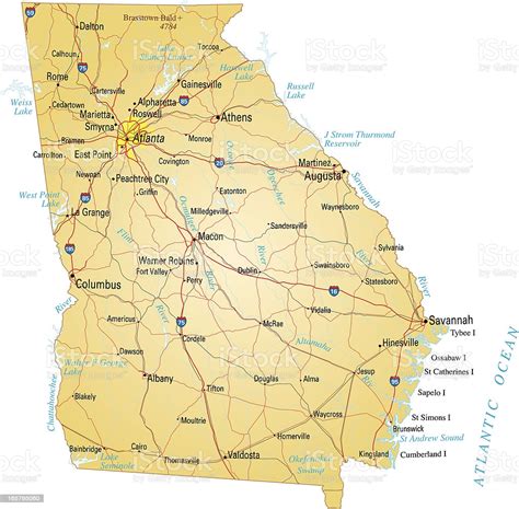 Georgia road map with cities and towns. A Yellow Map Of The State Of Georgia With Cities Marked ...