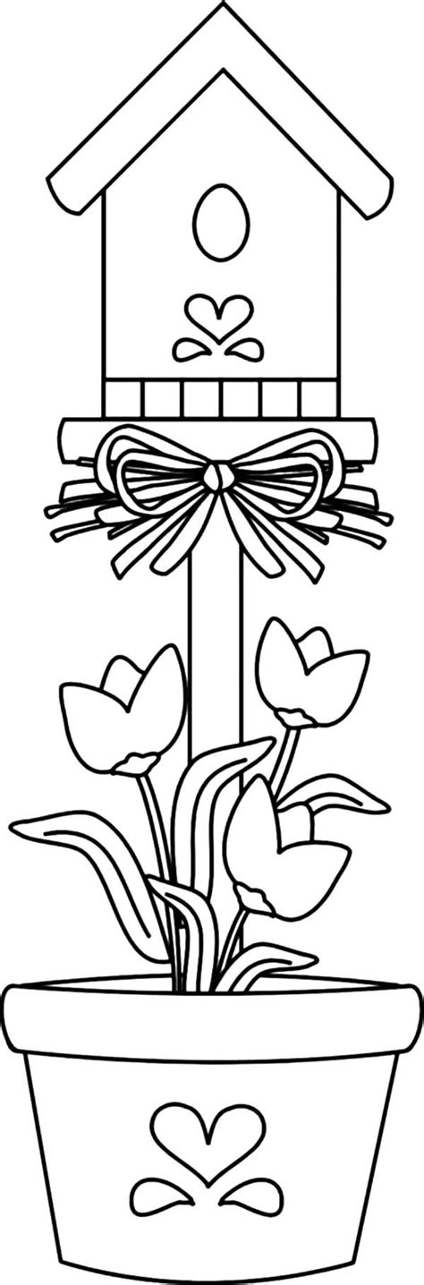 A plain brown bird with an effervescent voice, the house wren is a common backyard bird over nearly the entire western hemisphere. Bird House Planted in Pot Coloring Pages | Best Place to Color