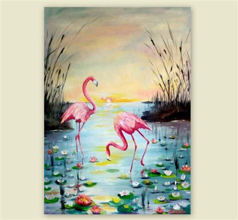Pink Flamingo Original Oil Painting Colorful Canvas Wall Art Bird