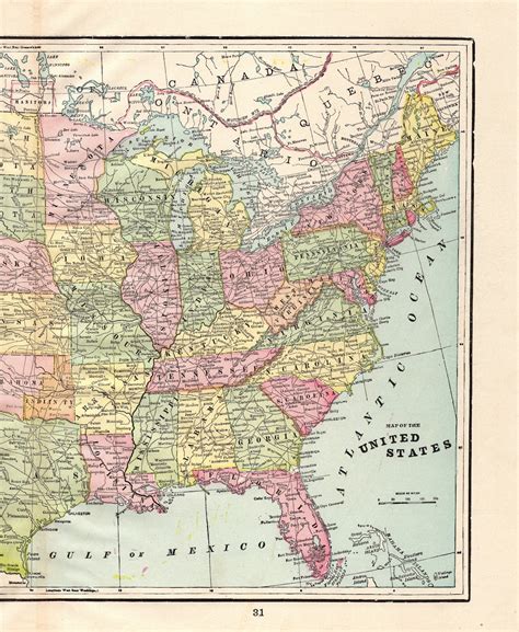 1898 Antique United States Map Of The Usa Map George Cram Etsy