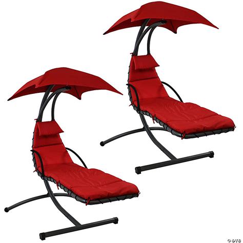 Sunnydaze Outdoor Hanging Chaise Floating Lounge Chair With Canopy Umbrella And Stand Red 2pk