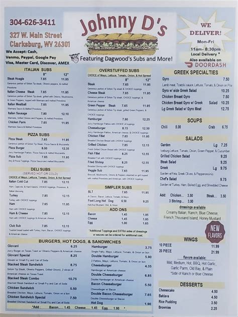Menu At Johnny Ds Pizza And Subs Pizzeria Clarksburg