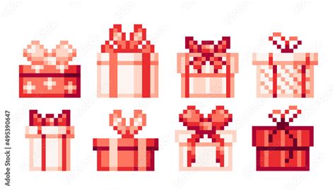 T Boxes With Red Ribbons Pixel Art Set Present Packages With Bows