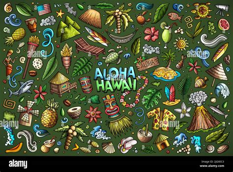 Colorful Vector Doodle Cartoon Set Of Hawaii Objects And Symbols Stock Vector Image Art Alamy