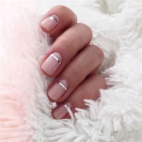 Nude Glossy Nails With Metallic Stripes For A Modern Accent A Chic
