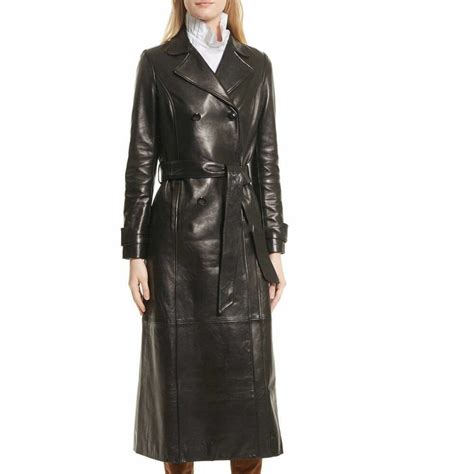 Black Leather Trench Coat Womens Genuine Lambskin Long Overcoat Winter