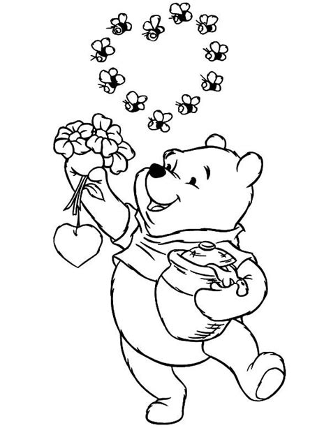 Winnie The Pooh The Honey Bear Holding Flowers And Honey Jar Coloring Pages Coloring Sky