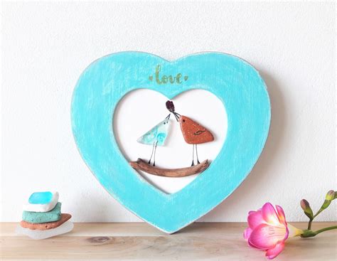 Birds on branch Sea Glass Pebble Art Heart Picture Unique | Etsy in ...