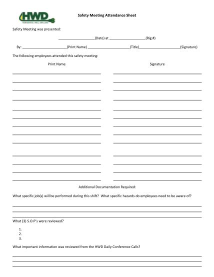 Safety Meeting Sign In Sheet Free Dso Tool Box Talk Attendance Form