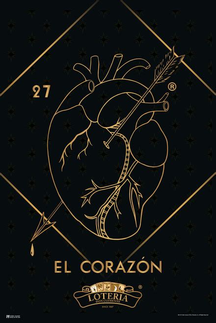 27 El Corazon Heart Loteria Card Black Gold Mexican Bingo Lottery Day Of Dead Dia Los Muertos