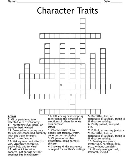 Character Traits Crossword Wordmint