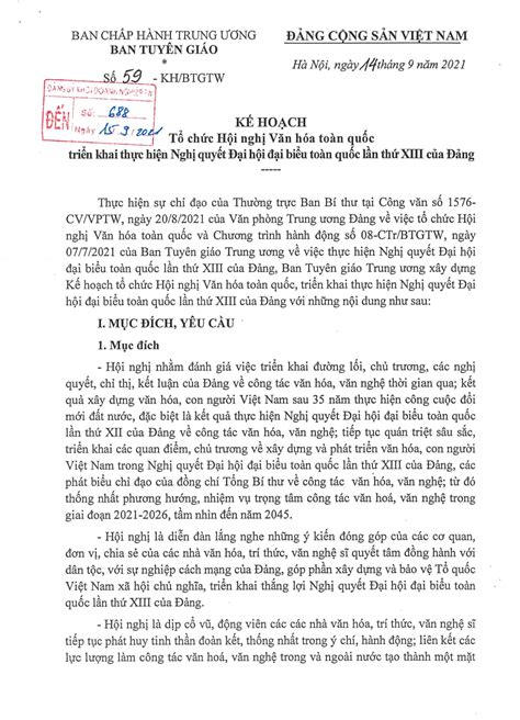 Kế Hoạch Tổ Chức Hội Nghị Văn Hóa Toàn Quốc Triển Khai Thực Hiện Nghị Quyết Đại Hội đại Biểu