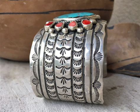 Vintage Navajo 88g Wide Stamped Sterling Silver And Turquoise Cuff