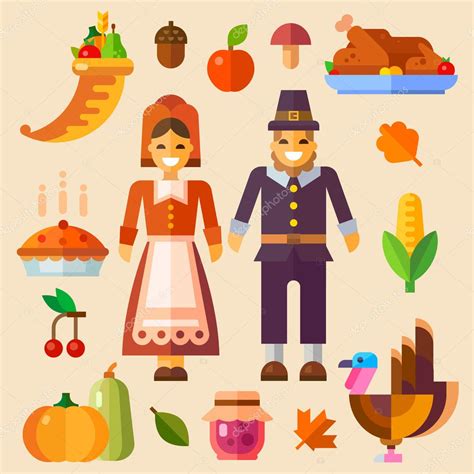 thanksgiving day pilgrims and thanksgiving symbols stock vector by ©tastyvector 86838724