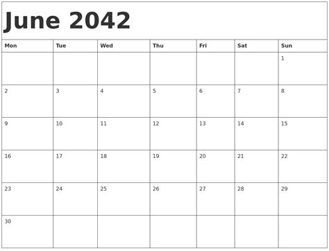 June 2042 Calendar Template