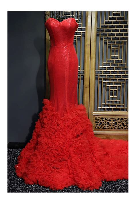 Formal Red Sequined Tulle Prom Dress Long With Lace Myx